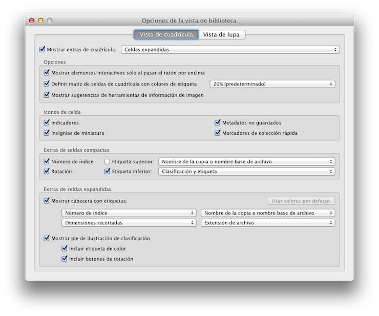 Opciones de configuración de la vista de cuadrícula