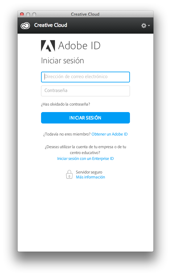 Introduciendo credenciales en Adobe Creative Cloud