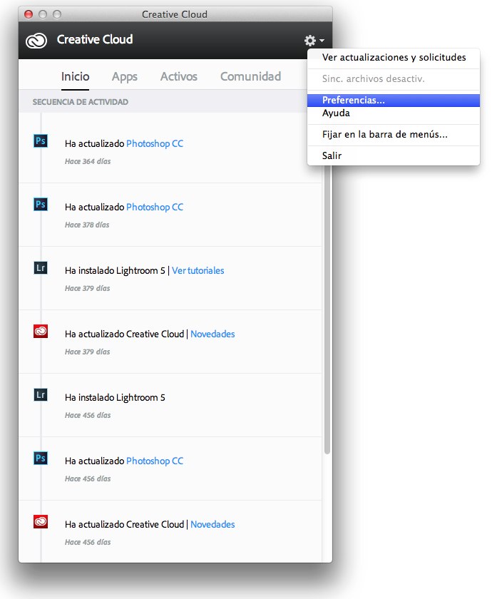 Entrando en las preferencias de Adobe Creative Cloud