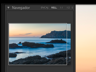 Lightroom, navegador en modo rellenar, como se observa se nos muestra un rectángulo que nos permite ver que región de la imagen se nos está mostrando.