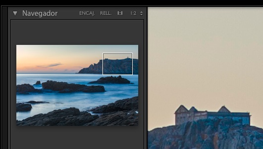 Lightroom, navegador en modo lupa 1:1, como se observa se nos muestra un rectángulo que nos permite ver que región de la imagen se nos está mostrando.